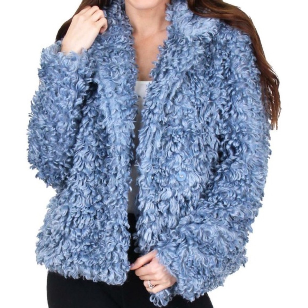 Tahari $188 Large Teddy Jacket Pepper Curly Women’s Faux Fur Pea Coat Blue